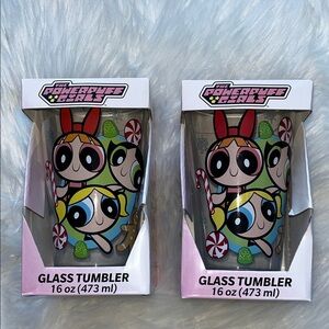 🆕 The Powerpuff Girls Glass Tumbler’s Set of 2 Holiday Christmas Beverage Cups